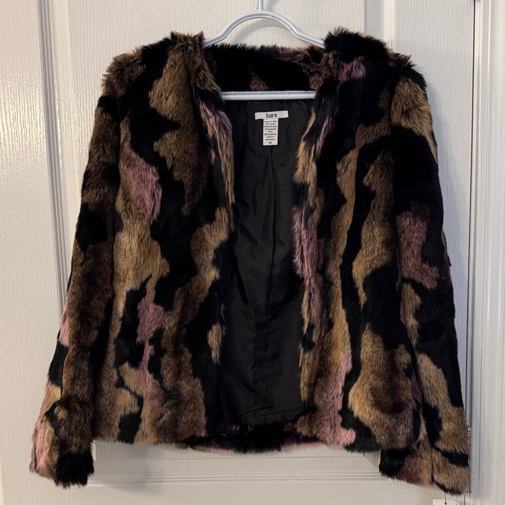 Bar III Multicolor Faux Fur Teddy Jacket - Black, Brown & Pink Accents